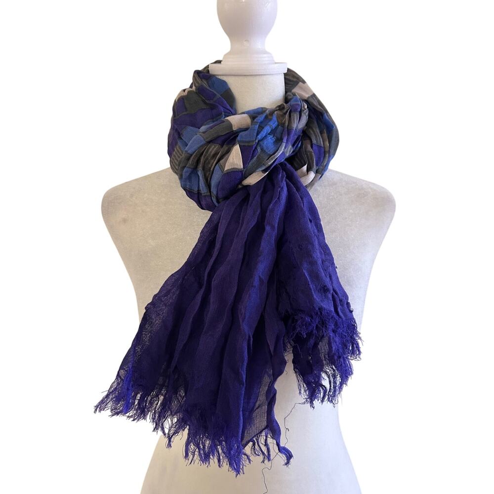 Banana Republic Scarf Silk Wool Purple Geometric OS Frey Hem Crinkled Classic